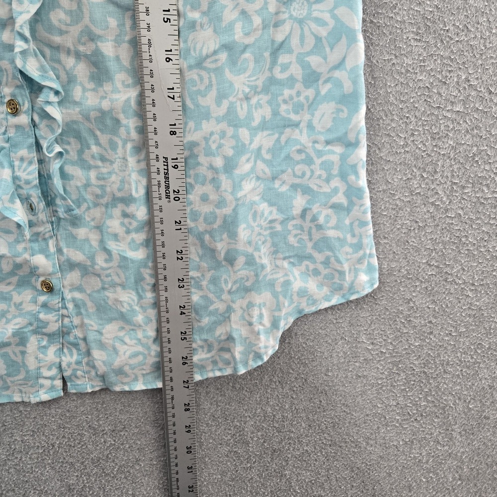 Charter Club Women Blouse L Light Blue Linen Floral Button Ruffle Scoop Neck - Picture 4 of 7